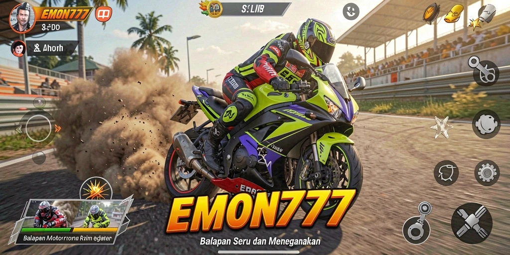 Screenshot gameplay EMON777 dengan balapan motor yang mendebarkan.