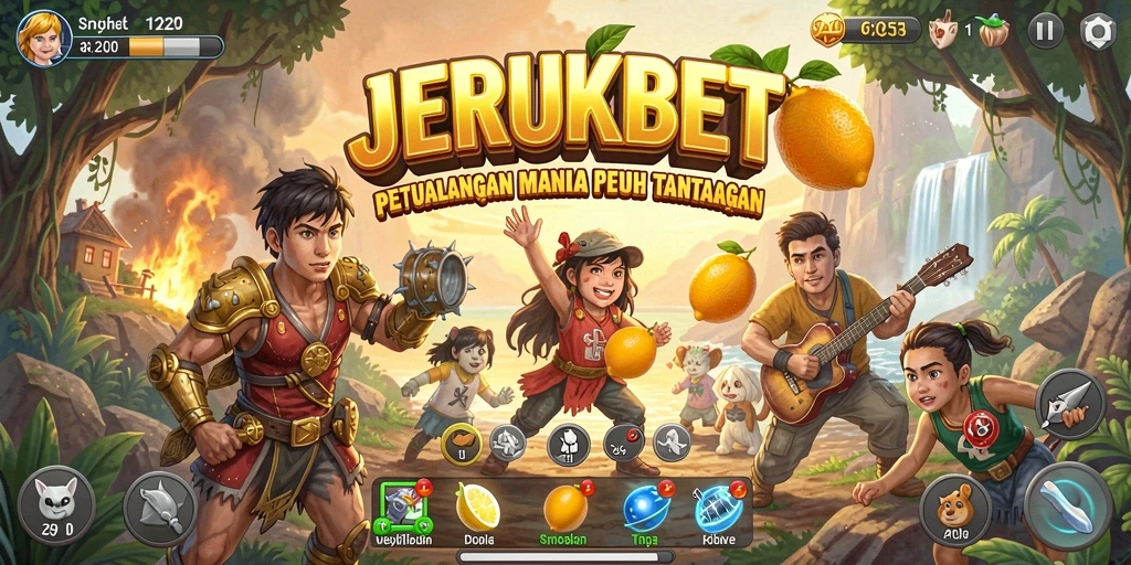 Gameplay seru JERUKBET dengan karakter dan rintangan menarik.