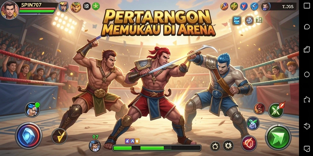 Screenshot gameplay SPIN707 menampilkan duel seru antar karakter dalam arena.