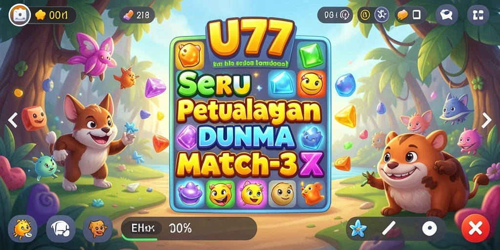 Screenshot menunjukkan gameplay seru di UT77 dengan level Match-3 yang menantang.