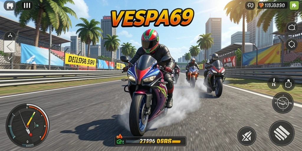Tampilan gameplay VESPA69 yang menegangkan saat balapan motor.